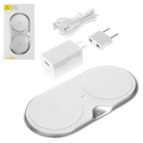 Беспроводное зарядное устройство Baseus Dual, Quick Charge, на два телефона, 220 В, выход 5В 7.5В 10В , USB тип C вход 5В 3А 9В 3А , серебристое, USB тип C, пластик, металл, #WXXHJ 0S