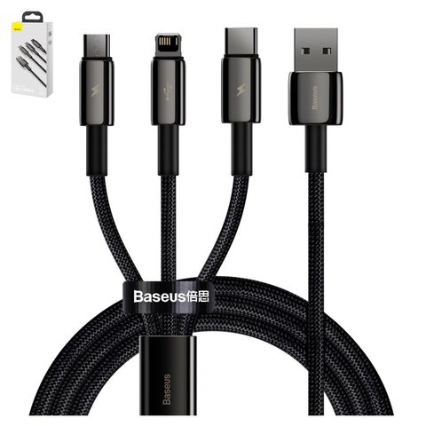 USB кабель Baseus Tungsten Gold, USB тип C, USB тип A, micro USB тип B, Lightning, 150 см, 3,5 А, чорний, #CAMLTWJ 01