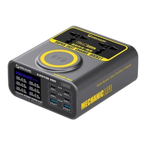 Сетевое зарядное устройство Mechanic S Power Pro, 135 Вт, Wireless Charge, Quick Charge, Power Delivery PD , с розеткой, 6 портов, GaN