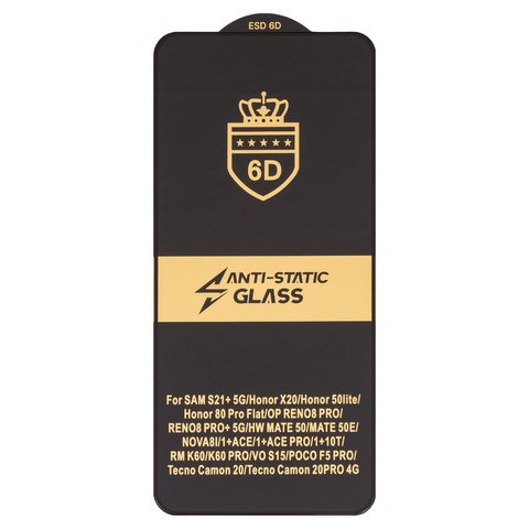 Захисне скло ESD 6D для Tecno Camon 20; Xiaomi Poco F5 Pro; Samsung G996 Galaxy S21 Plus 5G, сумісне з чохлом, Full Glue, Anti Static, без упаковки , чорний