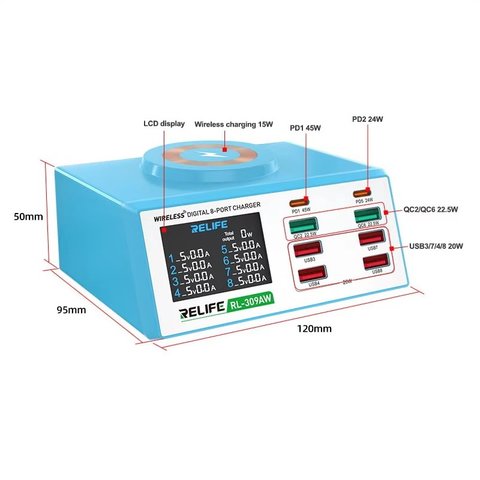 Mains Charger RELIFE RL 309AW, 100 W, Quick Charge, Power Delivery PD , with wireless charger, 8 ports