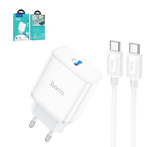 Adaptador de red Hoco C104A, 20 W, Power Delivery PD , blanco, con cable USB tipo C USB tipo C, 1 puerto, #6931474782915