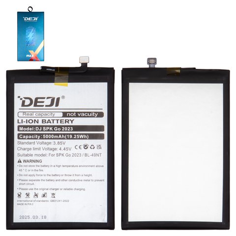 Batería Deji BL 49NT puede usarse con Tecno Pop 7 BF6 , Spark Go 2023 BF7 , Spark Go 2024 BG6 , Li ion, 3.85 V, 5000 mAh