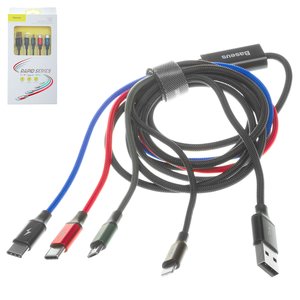 USB кабель Baseus Rapid Series, USB тип C, USB тип A, micro USB тип B, Lightning, 120 см, 3,5 А, чорний, передавання даних лише на Lightning, в нейлоновому обплетенні, 4 в 1, #CA1T4 B01