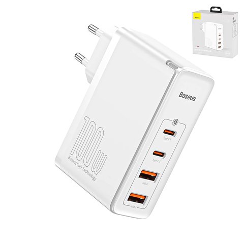 Мережевий зарядний пристрій Baseus GaN2 Pro, 100 Вт, Quick Charge, білий, з кабелем USB тип C до USB тип C, 4 порта, #CCGAN2P L02