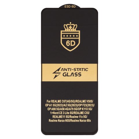 Захисне скло ESD 6D для Realme C67 4G, C71; Motorola Moto G05; Oppo A5, сумісне з чохлом, Full Glue, Anti Static, без упаковки , чорний