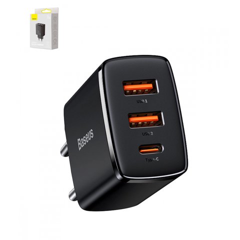 Сетевое зарядное устройство Baseus Compact, Quick Charge, черное, USB тип C, USB тип A, 30 Вт, 3 порта, #CCXJ E01